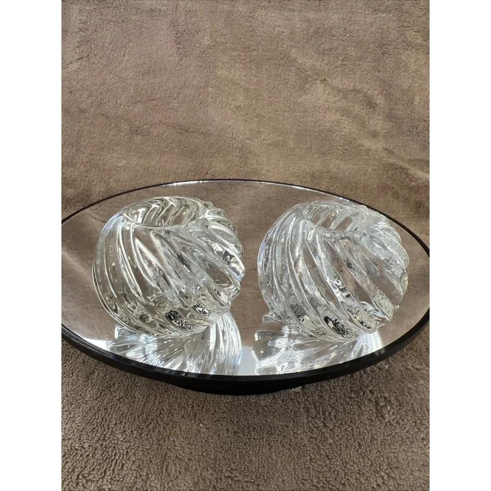 Set of 2 Pier 1 One Imports Hand Blown Clear‎ Swirl Glass Round Candle Holders